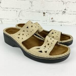 NAOT Cream Suede Double Strap Filigree Lasercut Slip On Slide Sandals 40